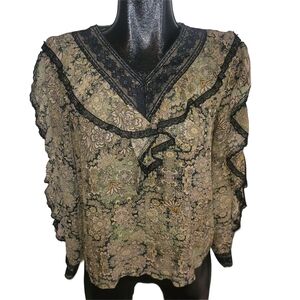 Tan Floral Ruffle Boho Chic Blouse with Black Lace Trim